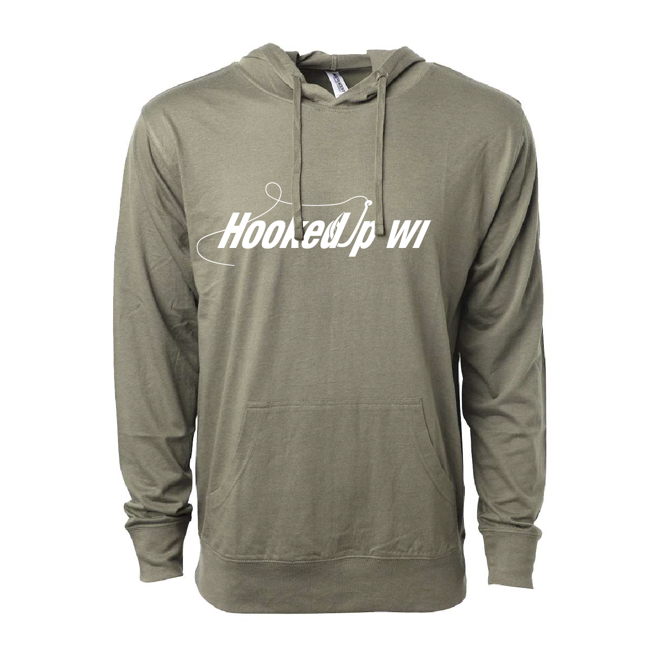 "Hookedupwi" Logo Premium Lightweight Cotton Hooded Long Sleeve Tee